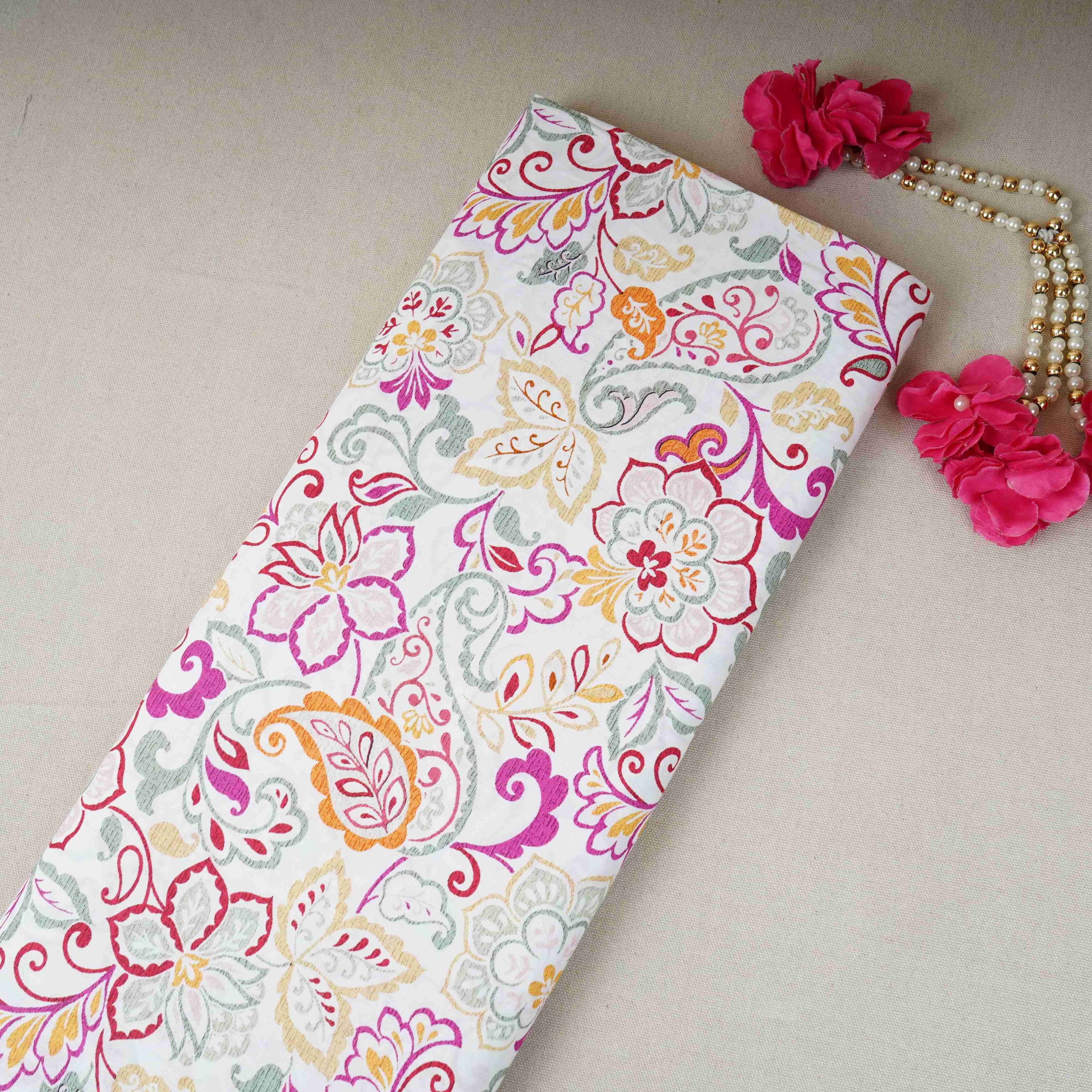 Off White Floral Print Cotton Mulmul Fabric PG-30387 - TradeUNO