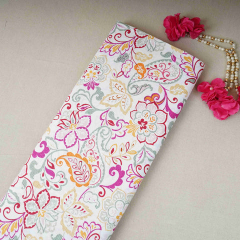 Off White Floral Print Cotton Mulmul Fabric PG-30387