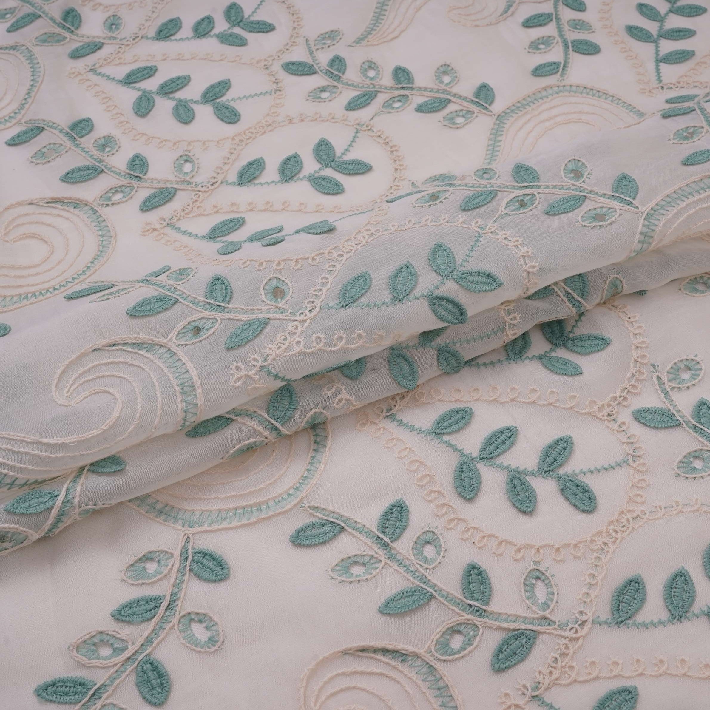 Off White With Sage Geen 3D Leaf Embroidery Tencel Schiffli Fabric LI-32335 - TradeUNO