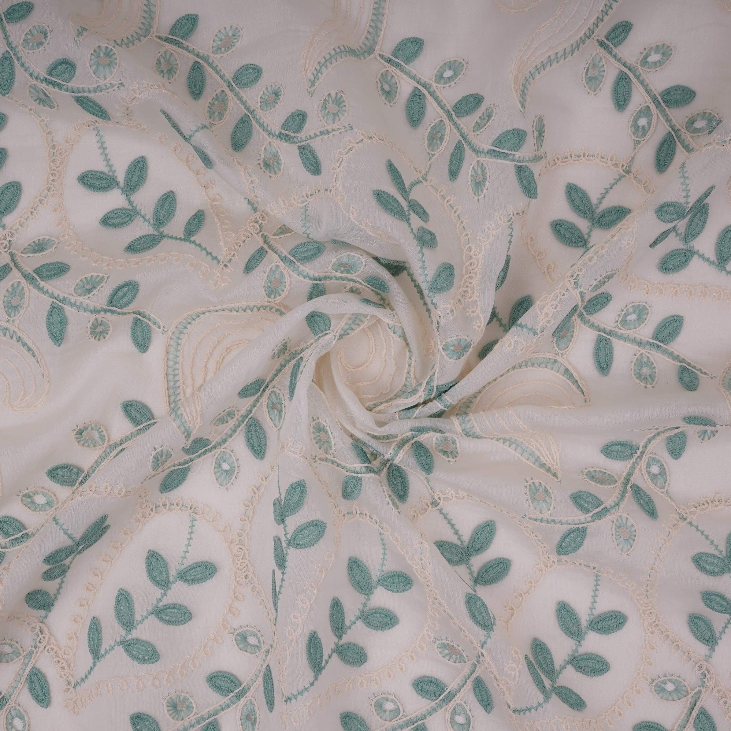 Off White With Sage Geen 3D Leaf Embroidery Tencel Schiffli Fabric LI-32335 - TradeUNO