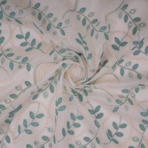 Off White With Sage Geen 3D Leaf Embroidery Tencel Schiffli Fabric LI-32335 - TradeUNO