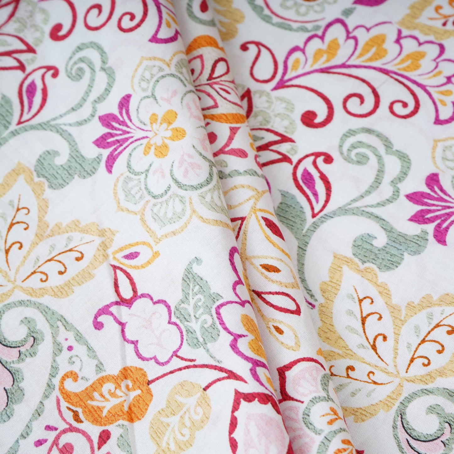Off White Floral Print Cotton Mulmul Fabric PG-30387