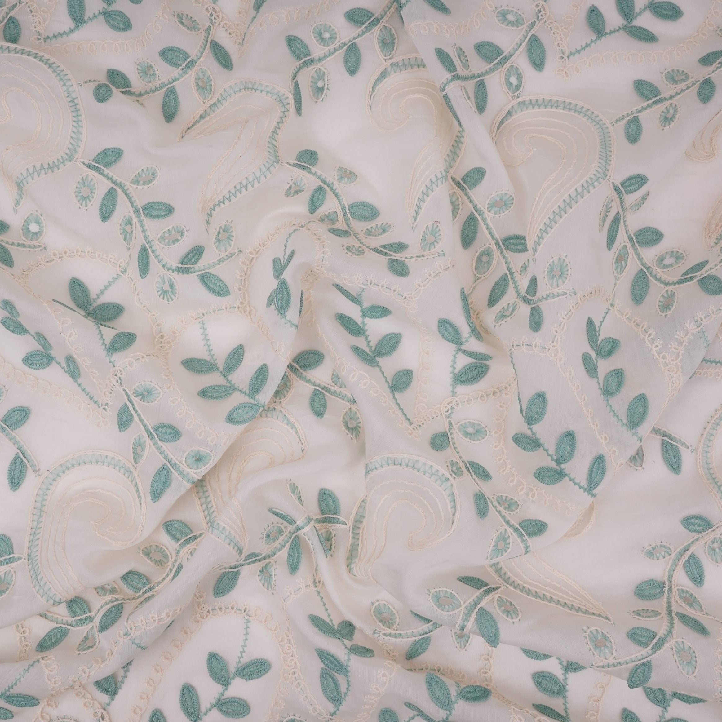 Off White With Sage Geen 3D Leaf Embroidery Tencel Schiffli Fabric LI-32335 - TradeUNO