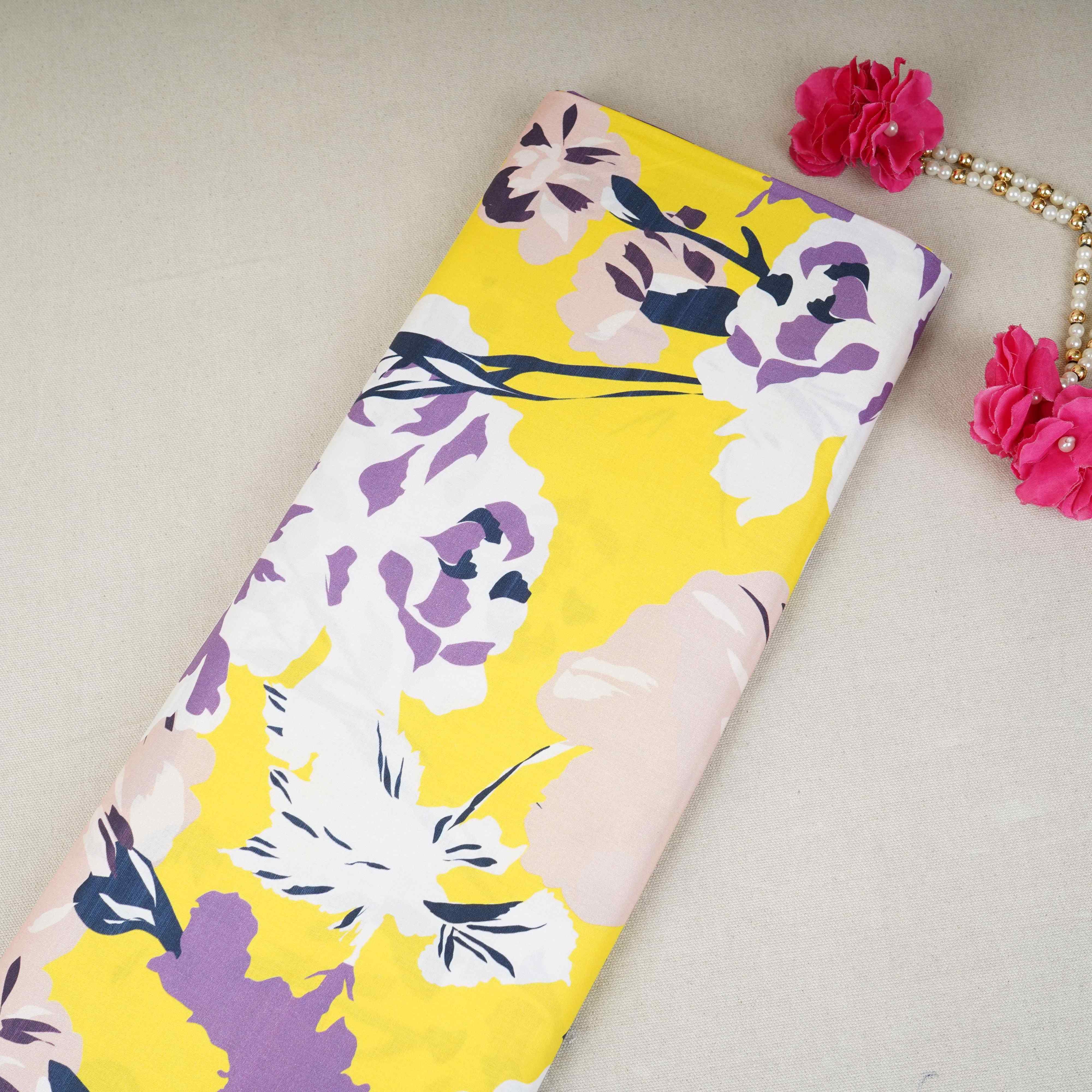 Yellow with White Floral Print Cotton Mulmul Fabric PG-30455 - TradeUNO