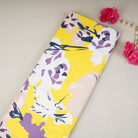 Yellow with White Floral Print Cotton Mulmul Fabric PG-30455