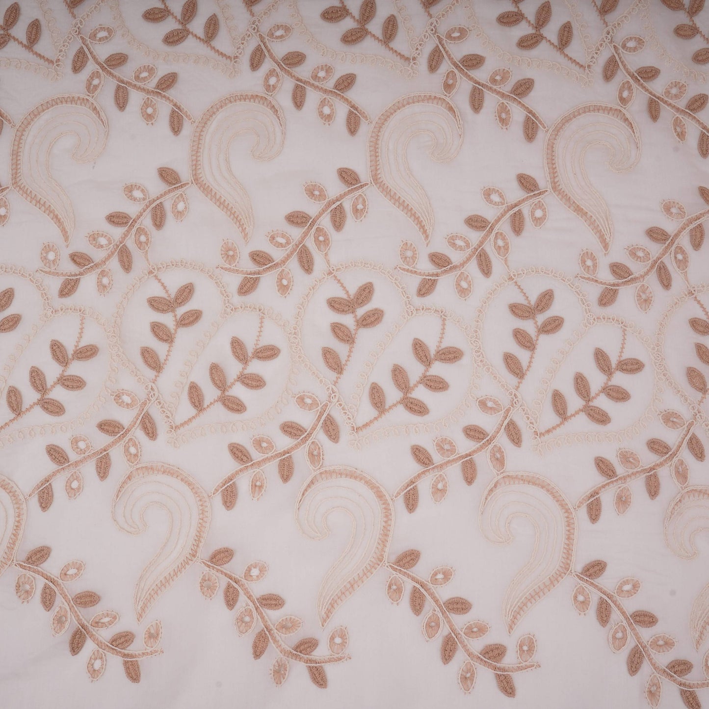 Off White With Beige 3D Leaf Embroidery Tencel Schiffli Fabric LI-32336
