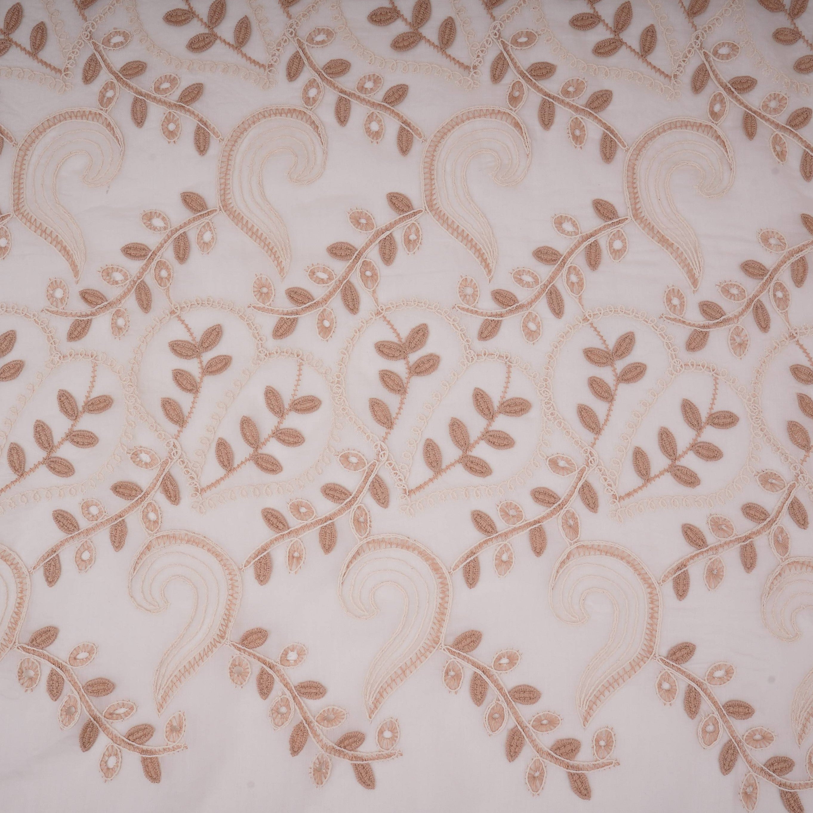 Off White With Beige 3D Leaf Embroidery Tencel Schiffli Fabric LI-32336 - TradeUNO