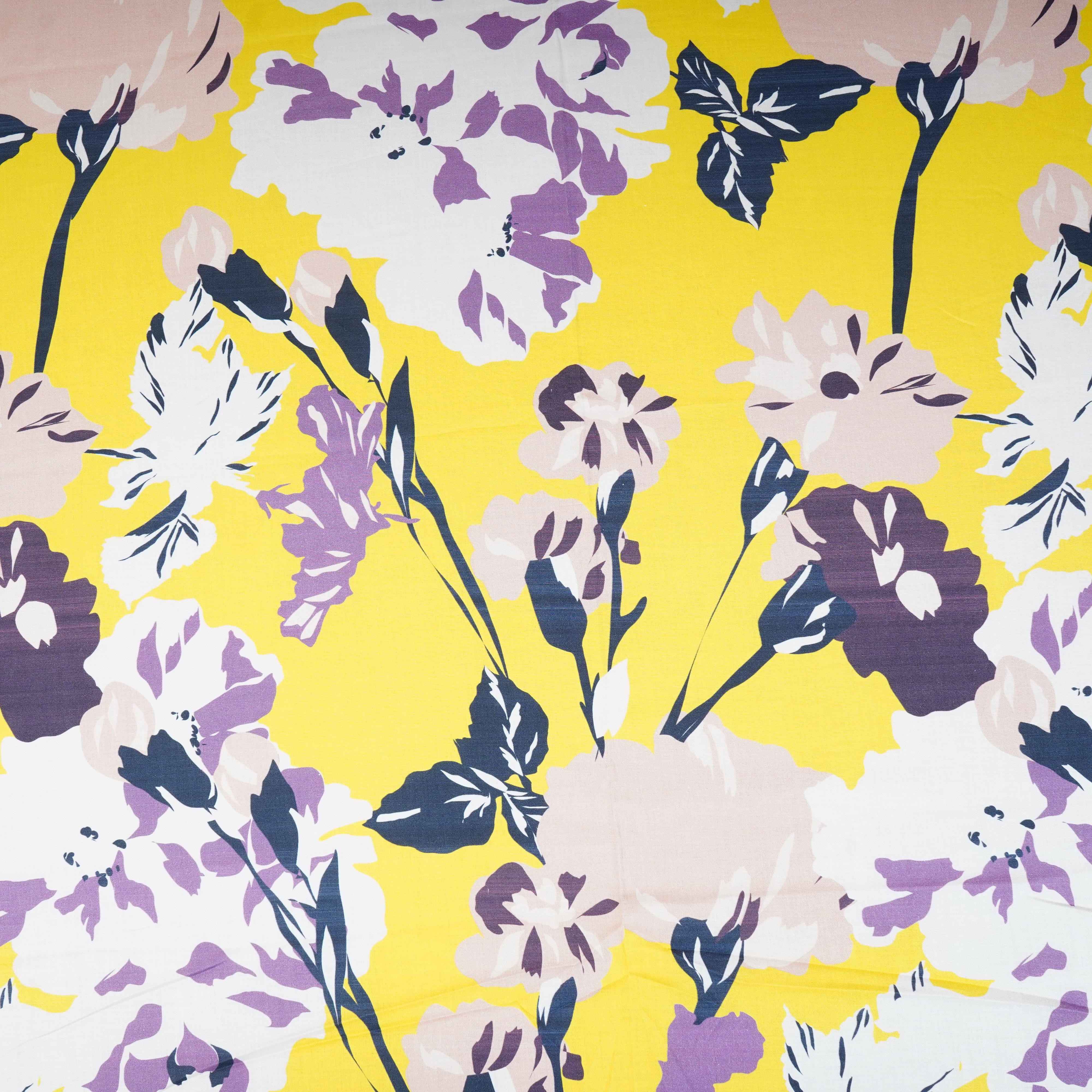 Yellow with White Floral Print Cotton Mulmul Fabric PG-30455 - TradeUNO