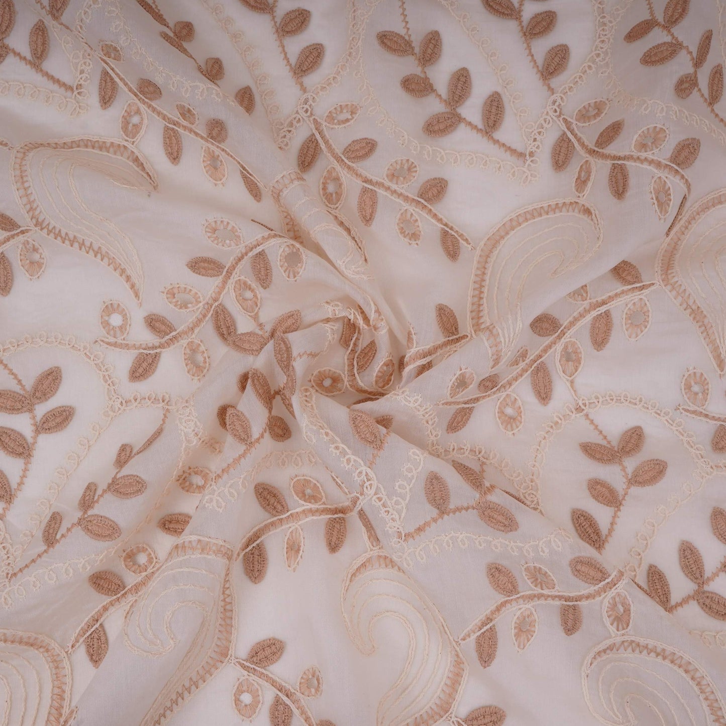 Off White With Beige 3D Leaf Embroidery Tencel Schiffli Fabric LI-32336