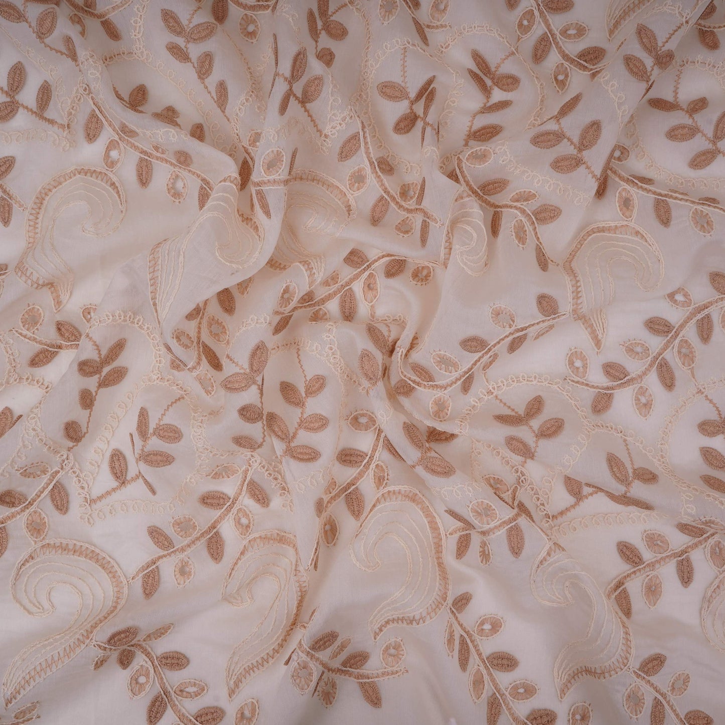 Off White With Beige 3D Leaf Embroidery Tencel Schiffli Fabric LI-32336