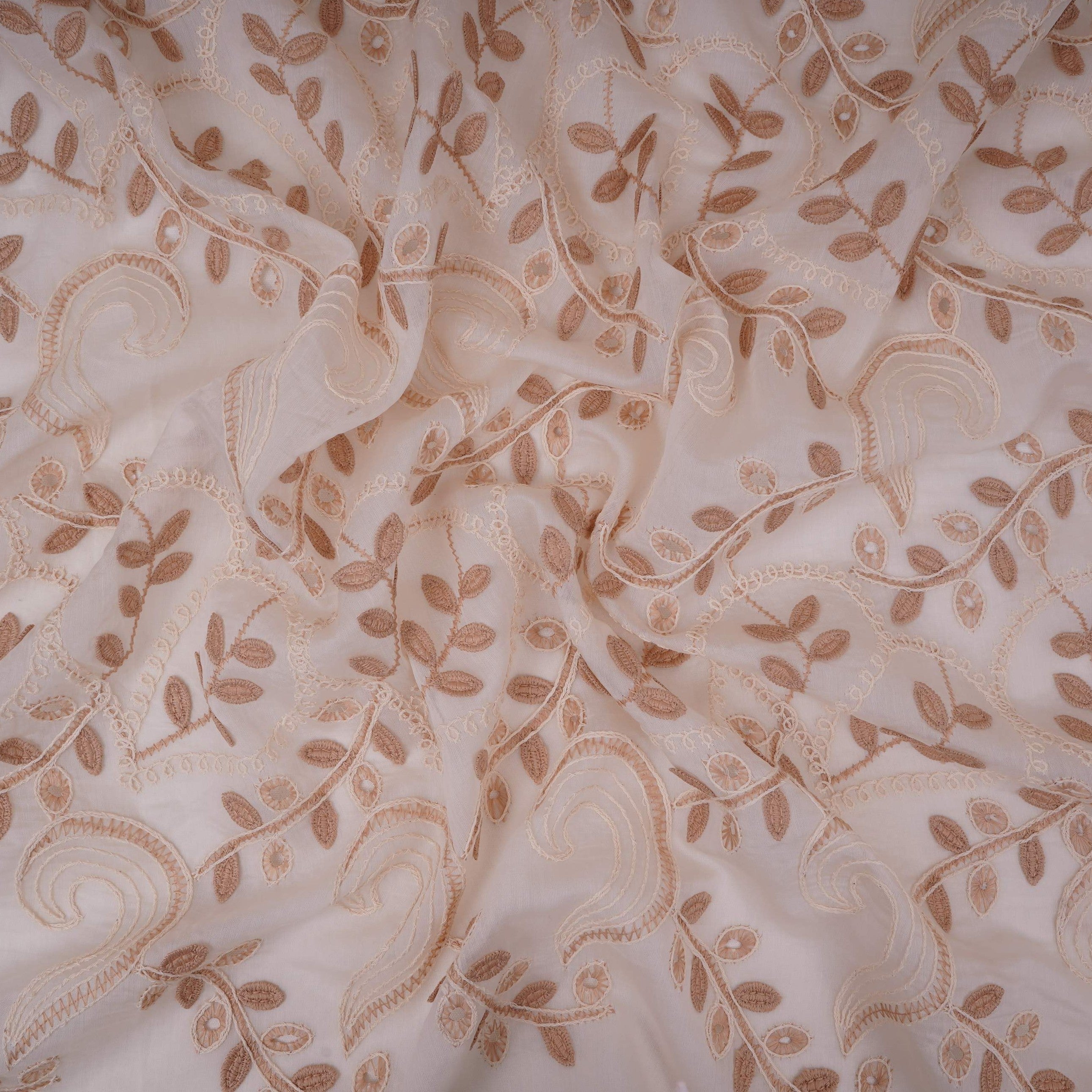 Off White With Beige 3D Leaf Embroidery Tencel Schiffli Fabric LI-32336 - TradeUNO