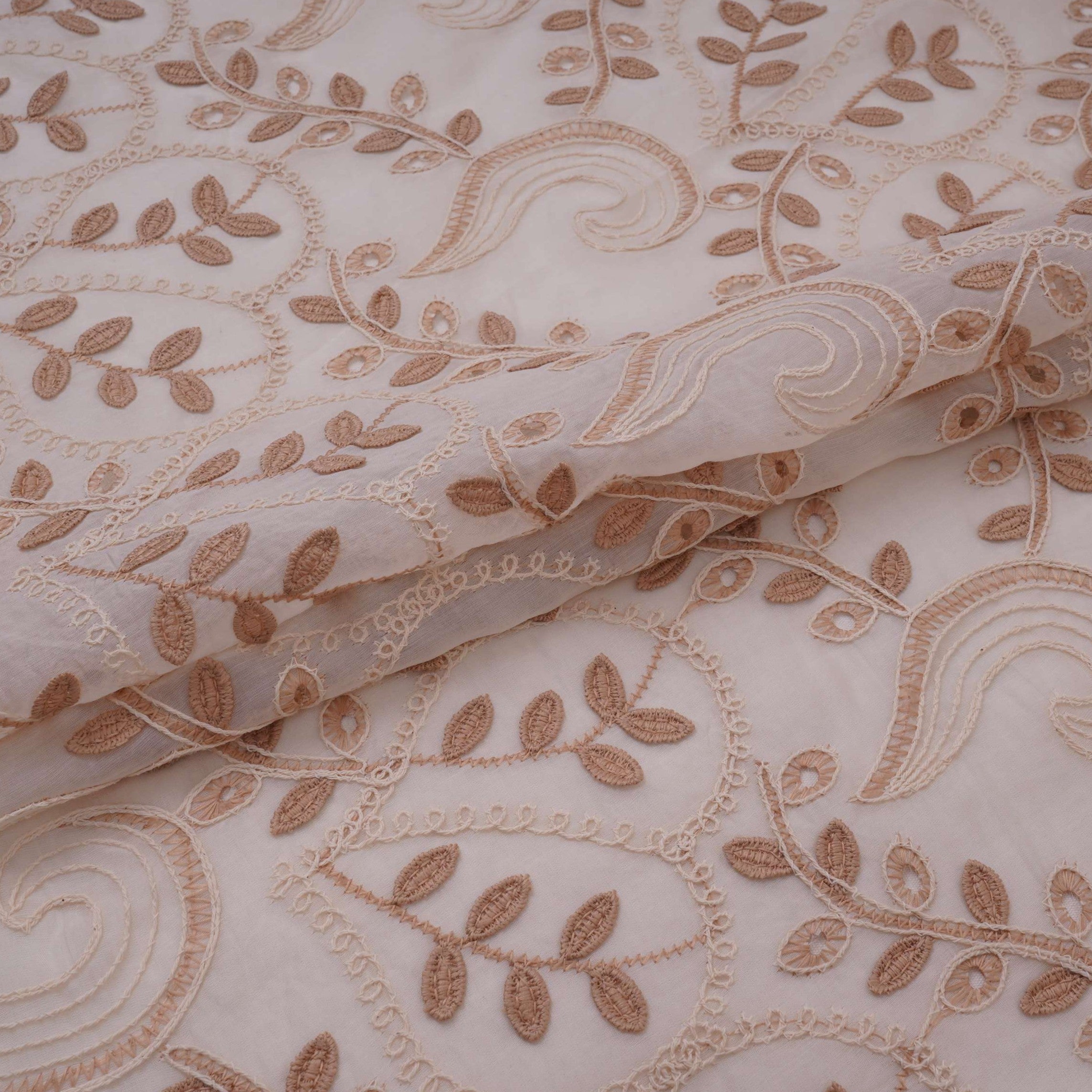 Off White With Beige 3D Leaf Embroidery Tencel Schiffli Fabric LI-32336 - TradeUNO
