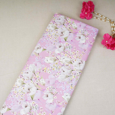 Pink with White Floral Print Cotton Mulmul Fabric PG-30457