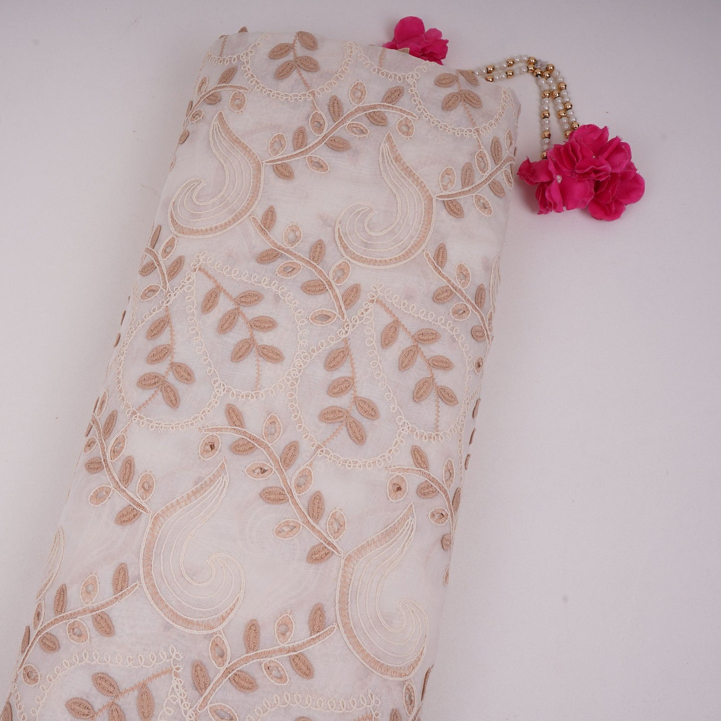 Off White With Beige 3D Leaf Embroidery Tencel Schiffli Fabric LI-32336