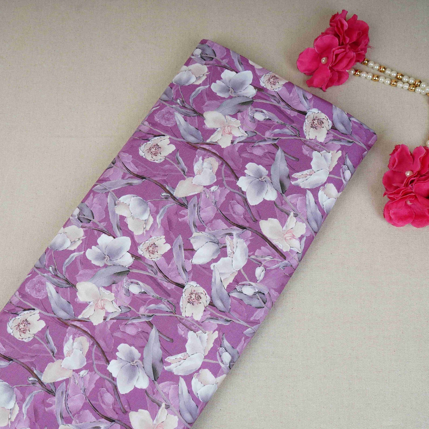 Purple with White Floral Print Cotton Mulmul Fabric PG-30454