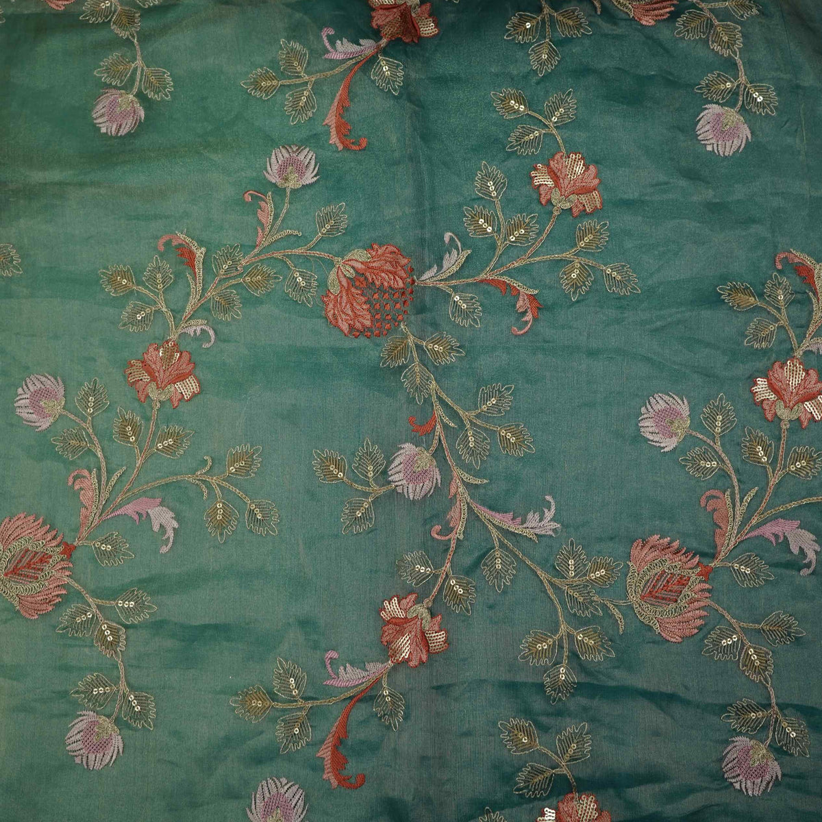 Blue Floral Zari Sequins Embroidery Pure Tissue Fabric GPF-35099