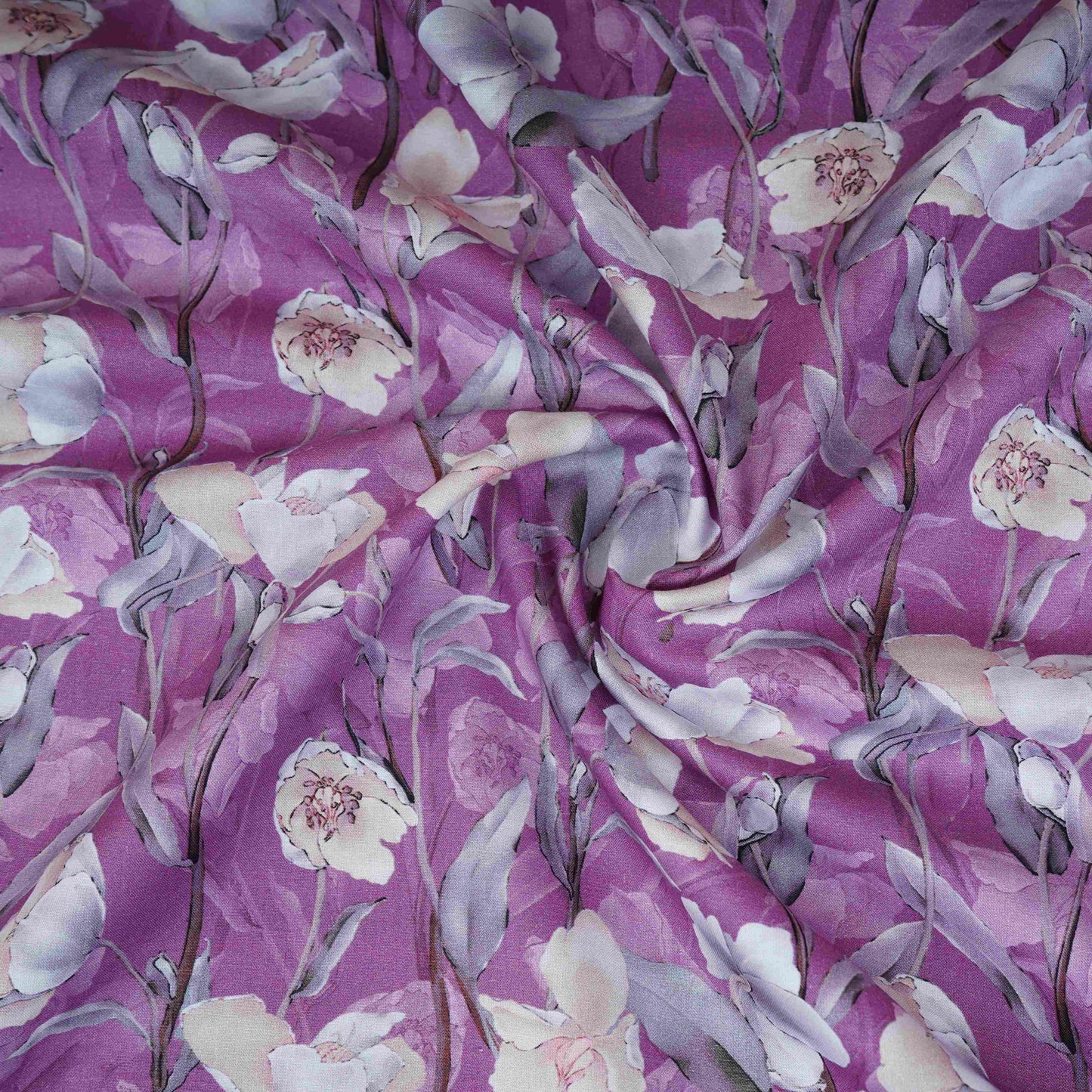 Purple with White Floral Print Cotton Mulmul Fabric PG-30454
