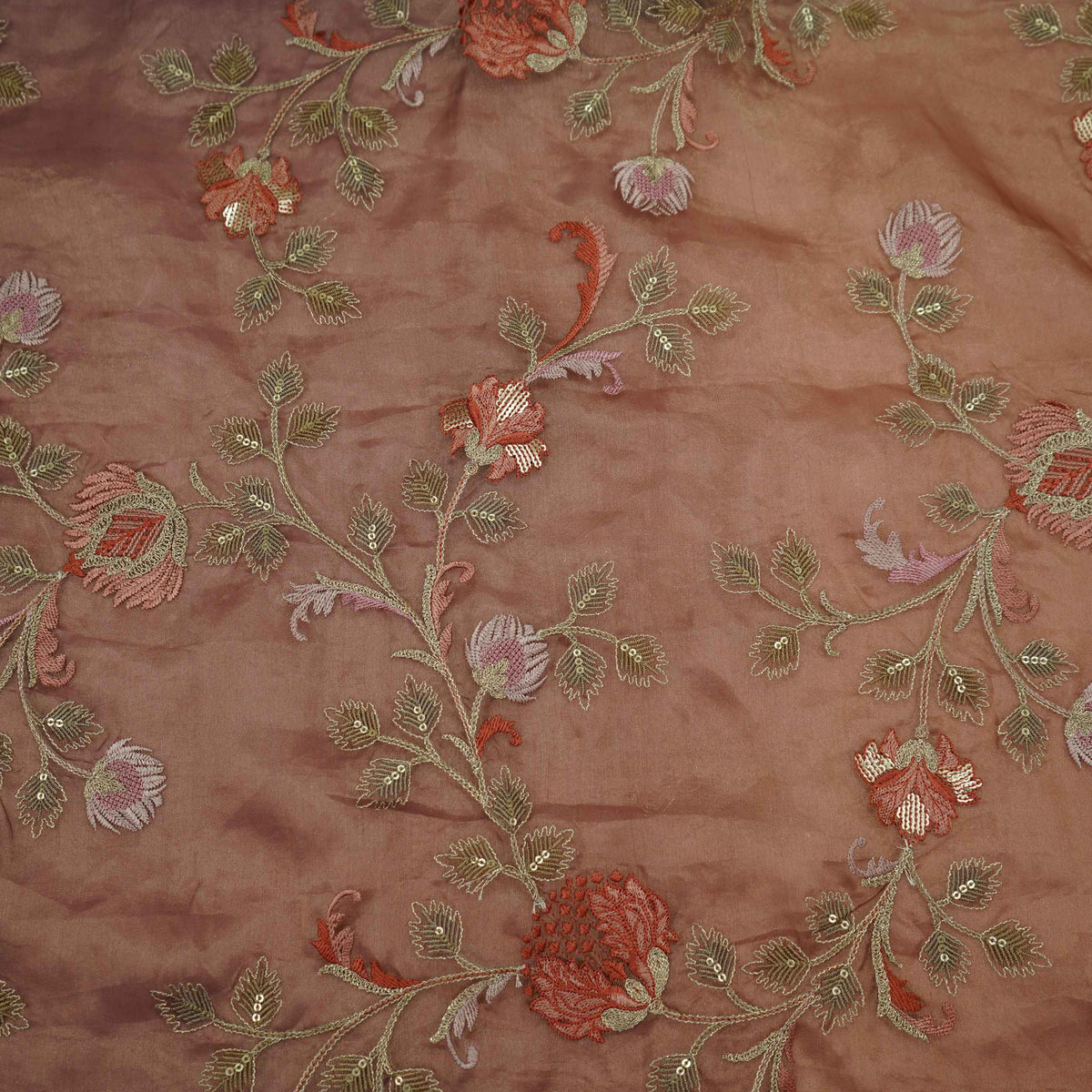 Orange Floral Zari Sequins Embroidery Pure Tissue Fabric GPF-35098