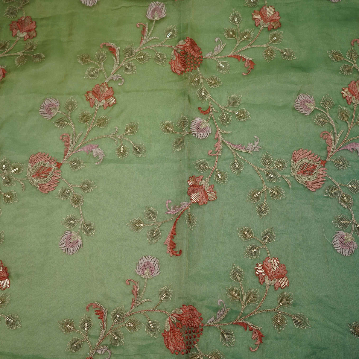 Green Floral Zari Sequins Embroidery Pure Tissue Fabric GPF-35097