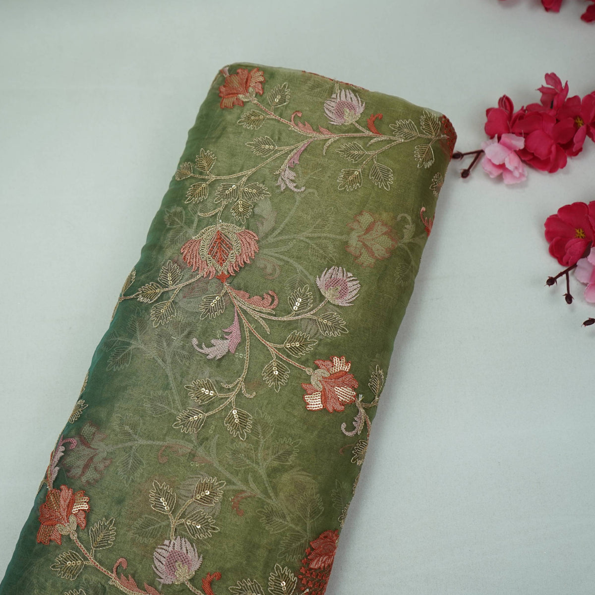 Green Floral Zari Sequins Embroidery Pure Tissue Fabric GPF-35097