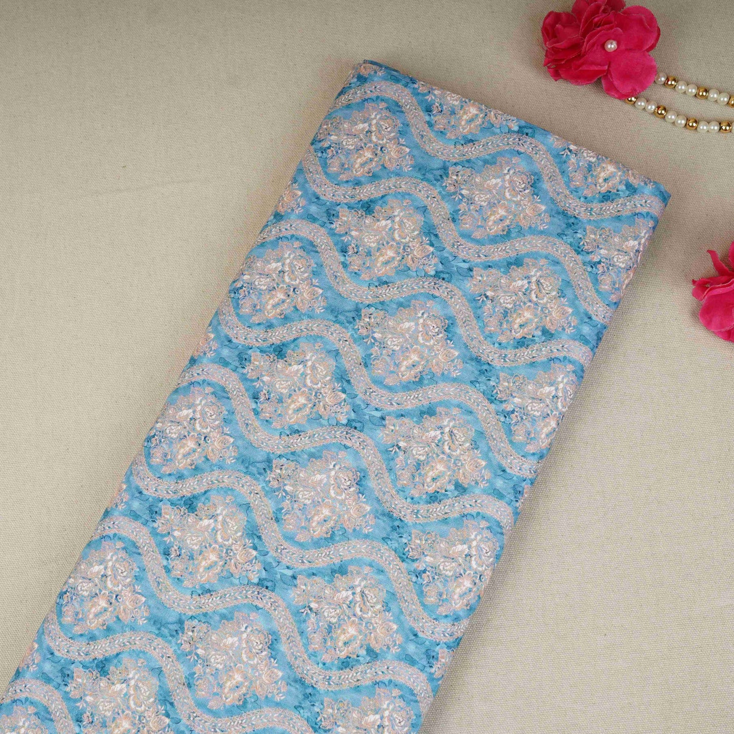 Blue Floral Print Cotton Mulmul Fabric PG-30458