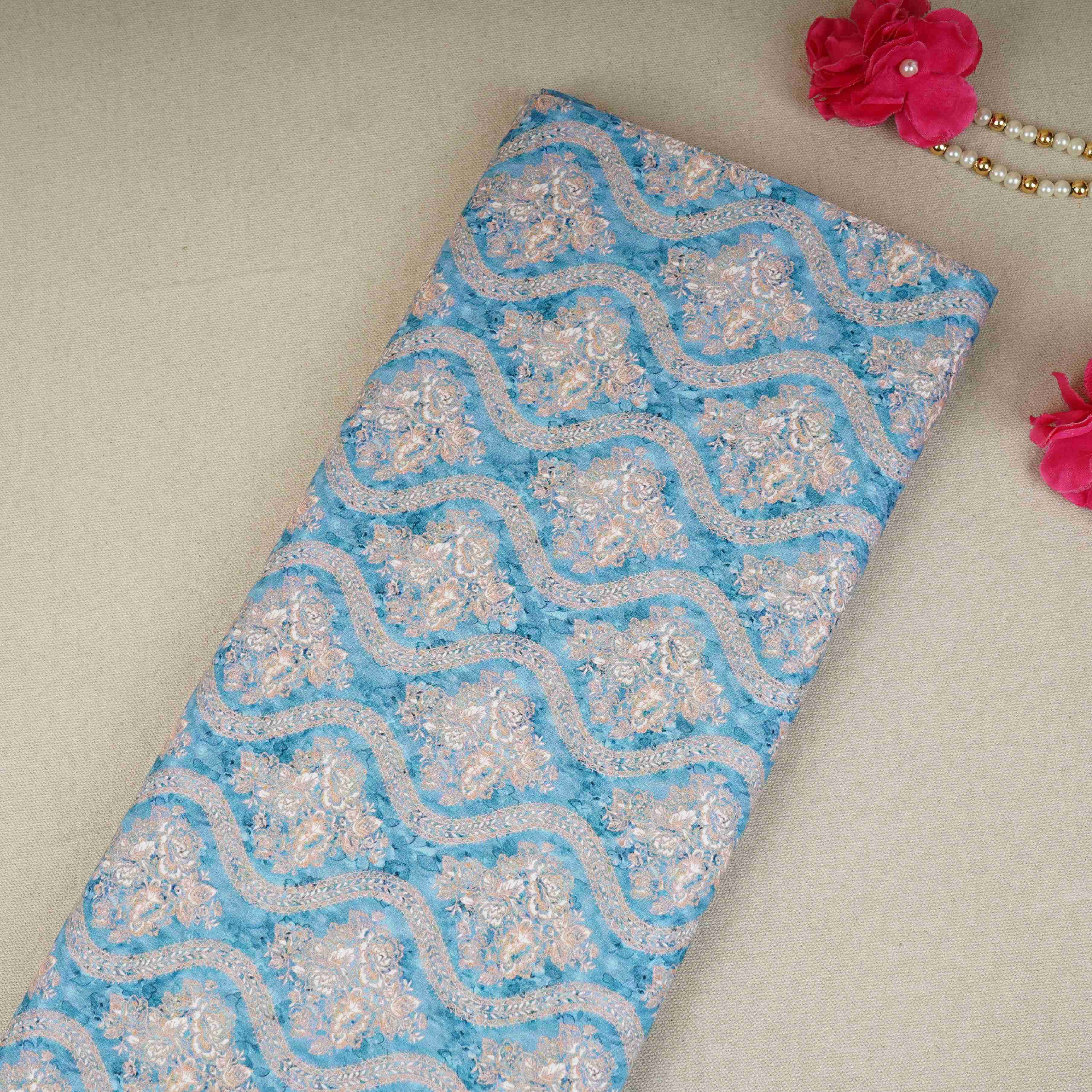 Blue Floral Print Cotton Mulmul Fabric PG-30458 - TradeUNO