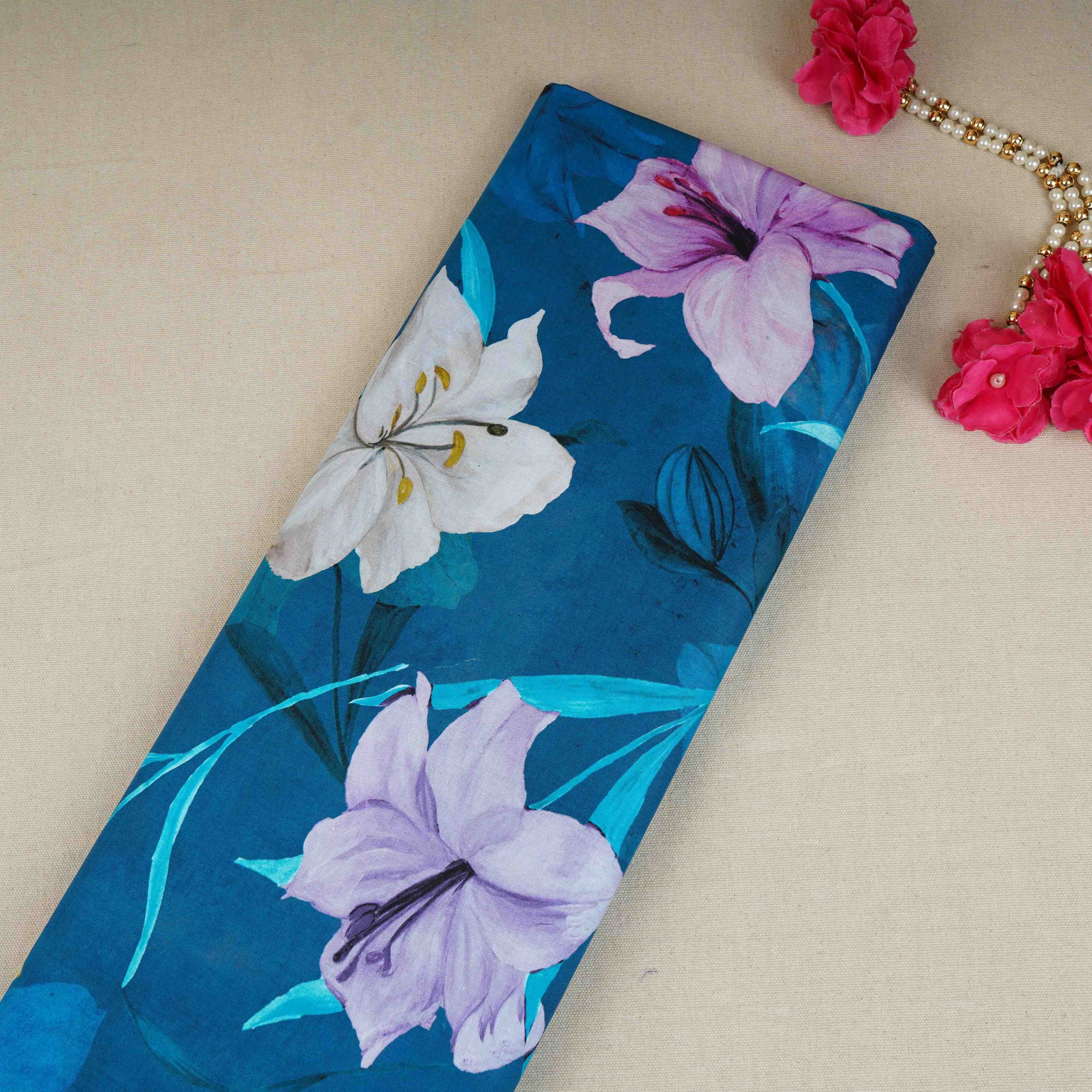 Royal Blue Floral Print Cotton Mulmul Fabric PG-30374 - TradeUNO