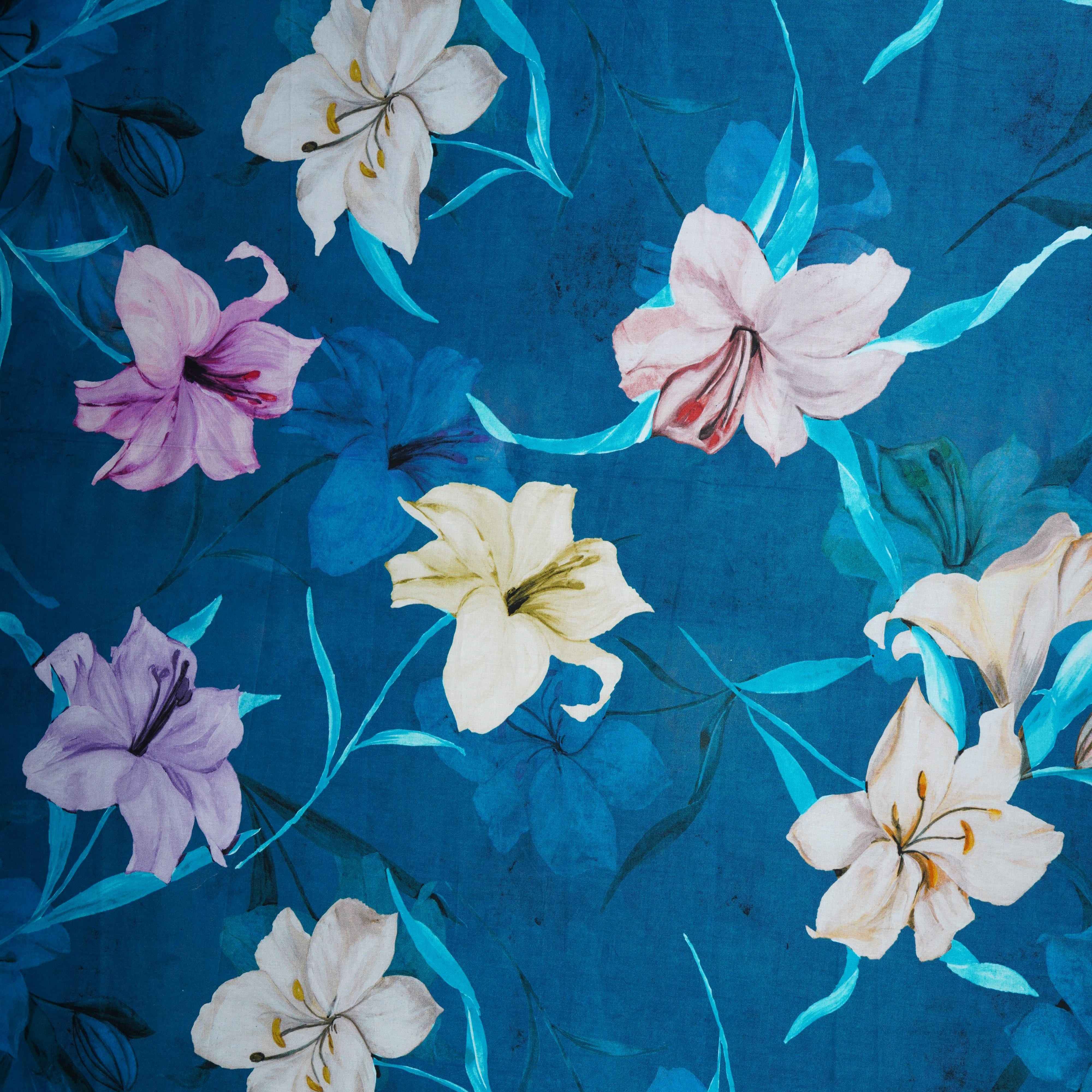 Royal Blue Floral Print Cotton Mulmul Fabric PG-30374 - TradeUNO