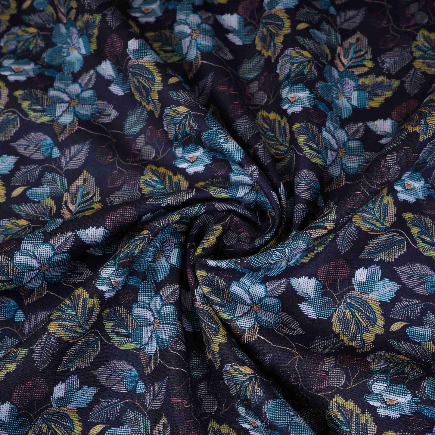 Dark Blue with Purple Floral Print Cotton Mulmul Fabric PG-30459