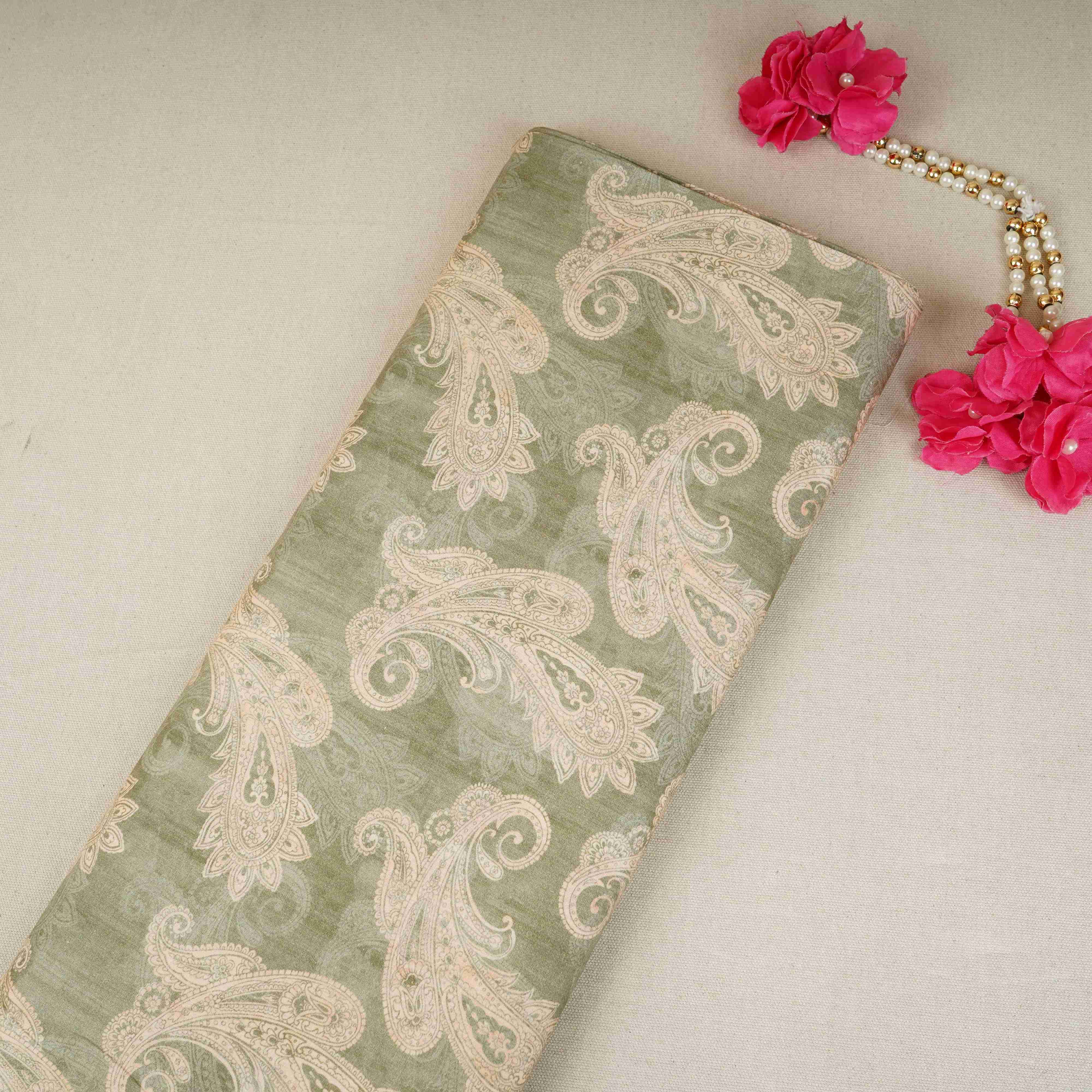 Sage Green Paisley Print Cotton Mulmul Fabric PG-30475 - TradeUNO