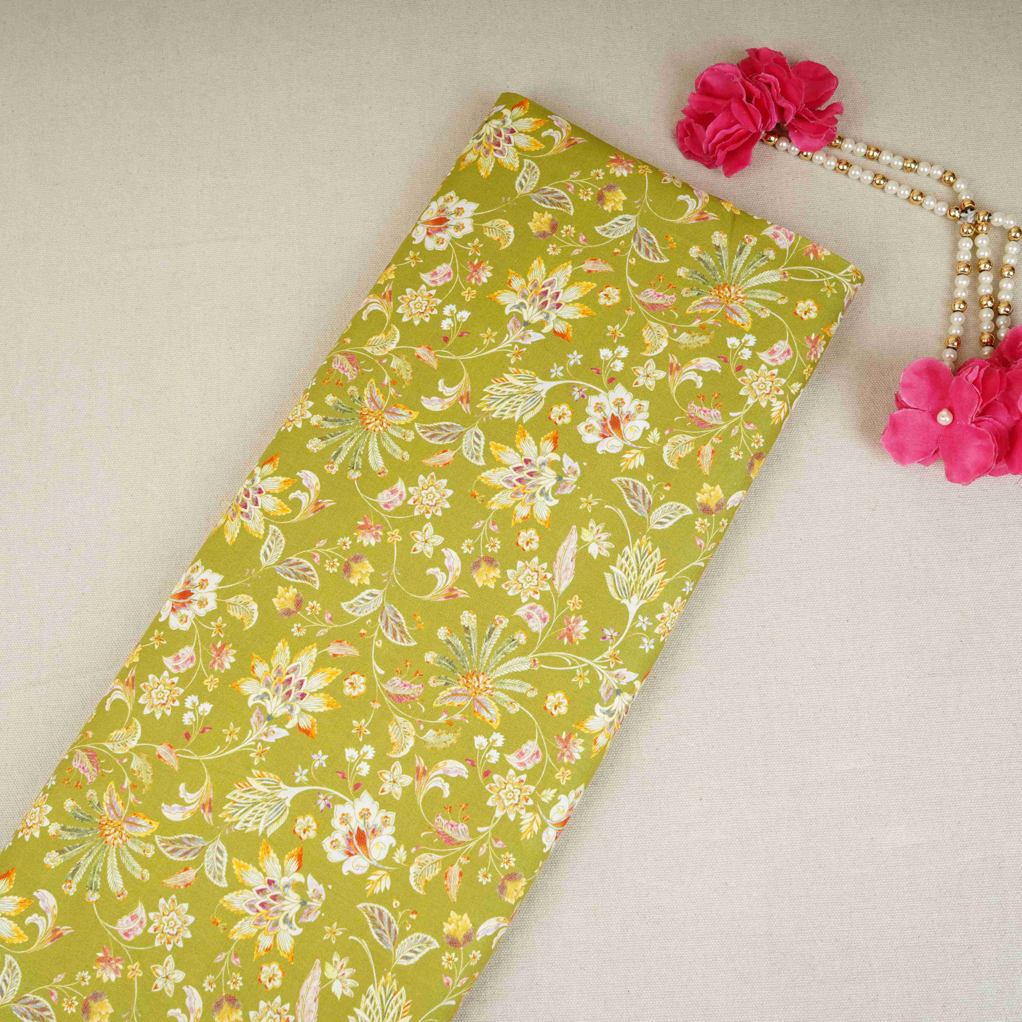 Green with White Floral Print Cotton Mulmul Fabric PG-30473 - TradeUNO