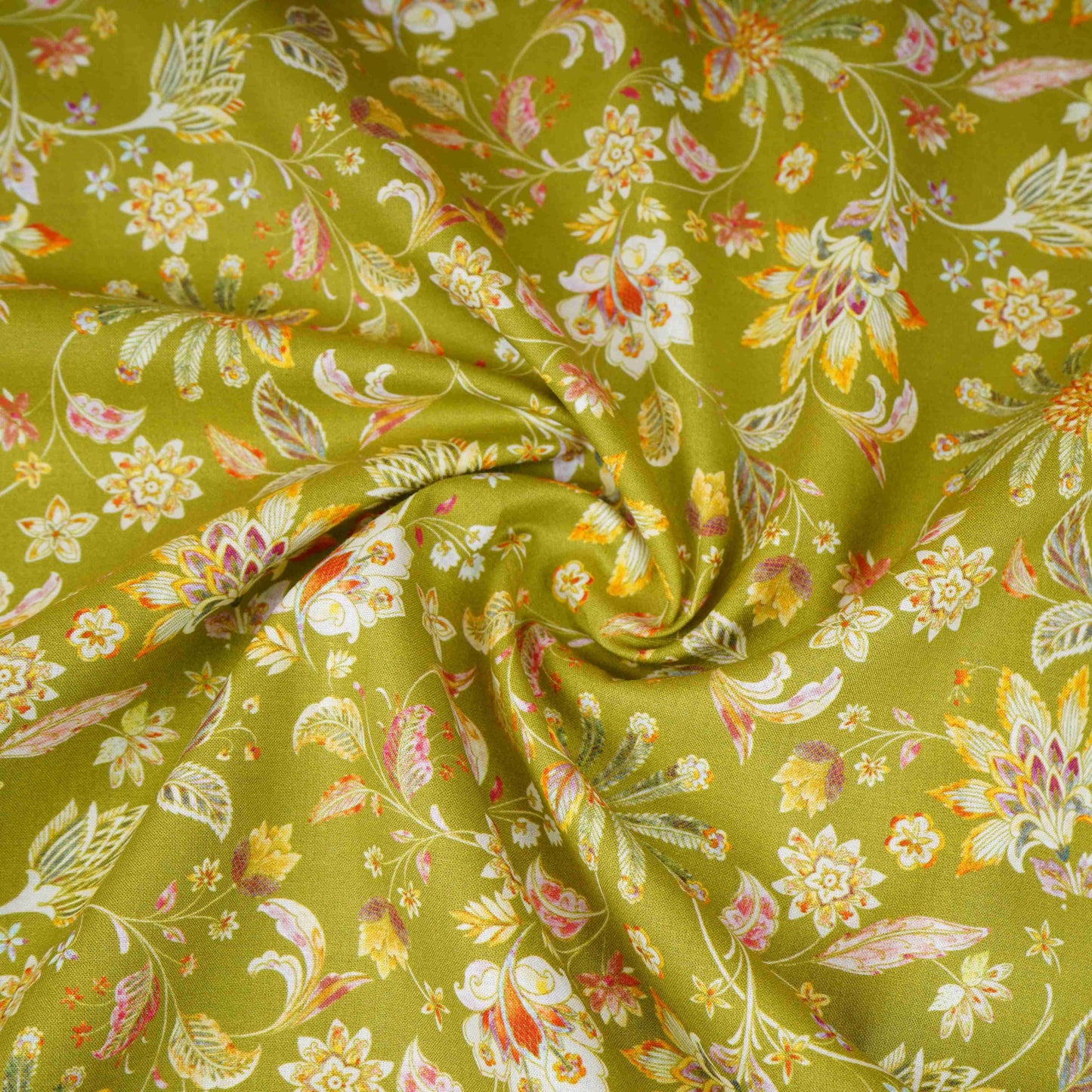 Green with White Floral Print Cotton Mulmul Fabric PG-30473