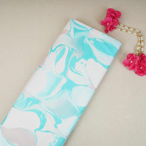 Teal & White Abstract Print Cotton Satin Fabric PG-30445
