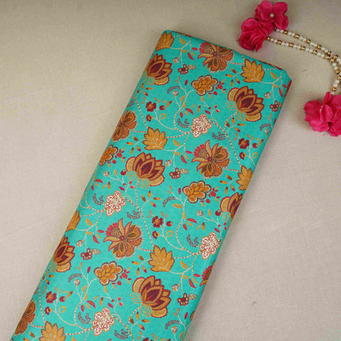 Teal with Brown Floral Print Cotton Satin Fabric PG-30448