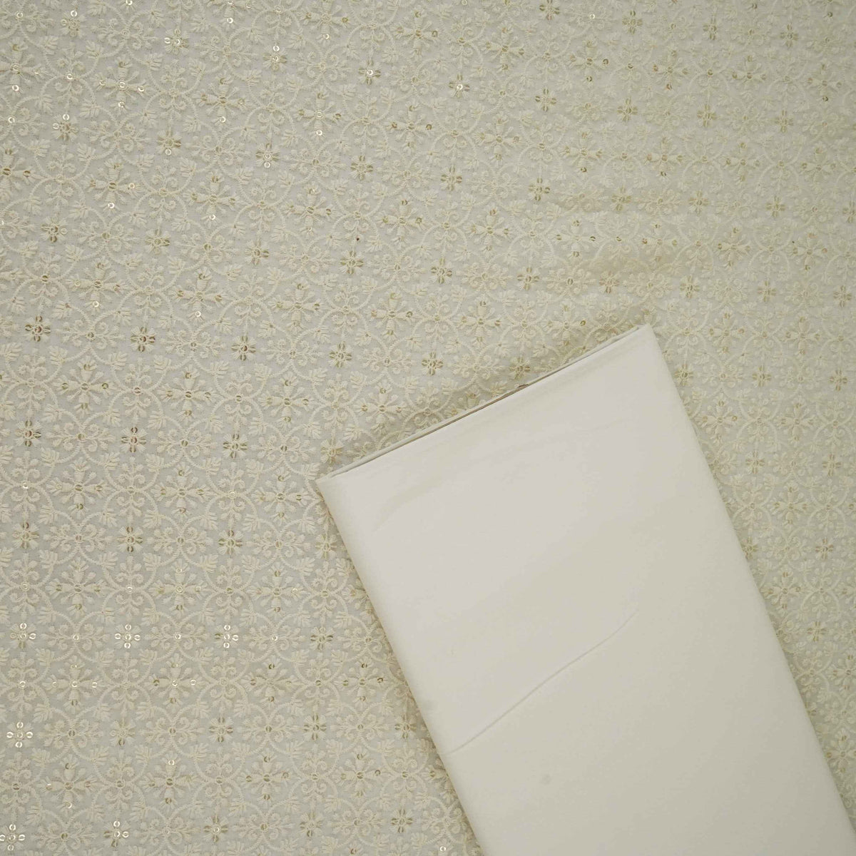 White Lakhnawi Sequins Embroidery Dyeable Georgette Fabric AT-34322