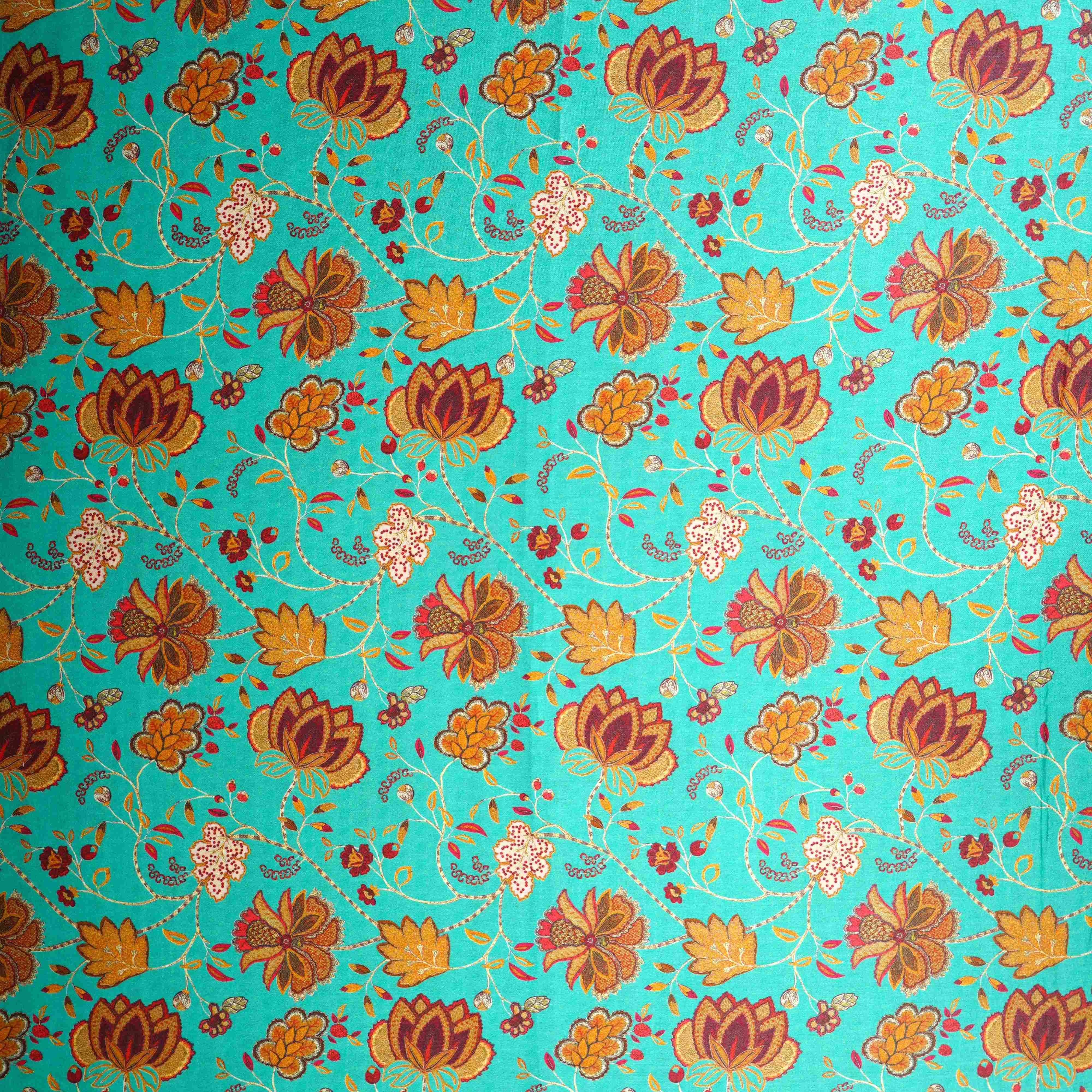 Teal with Brown Floral Print Cotton Satin Fabric PG-30448 - TradeUNO