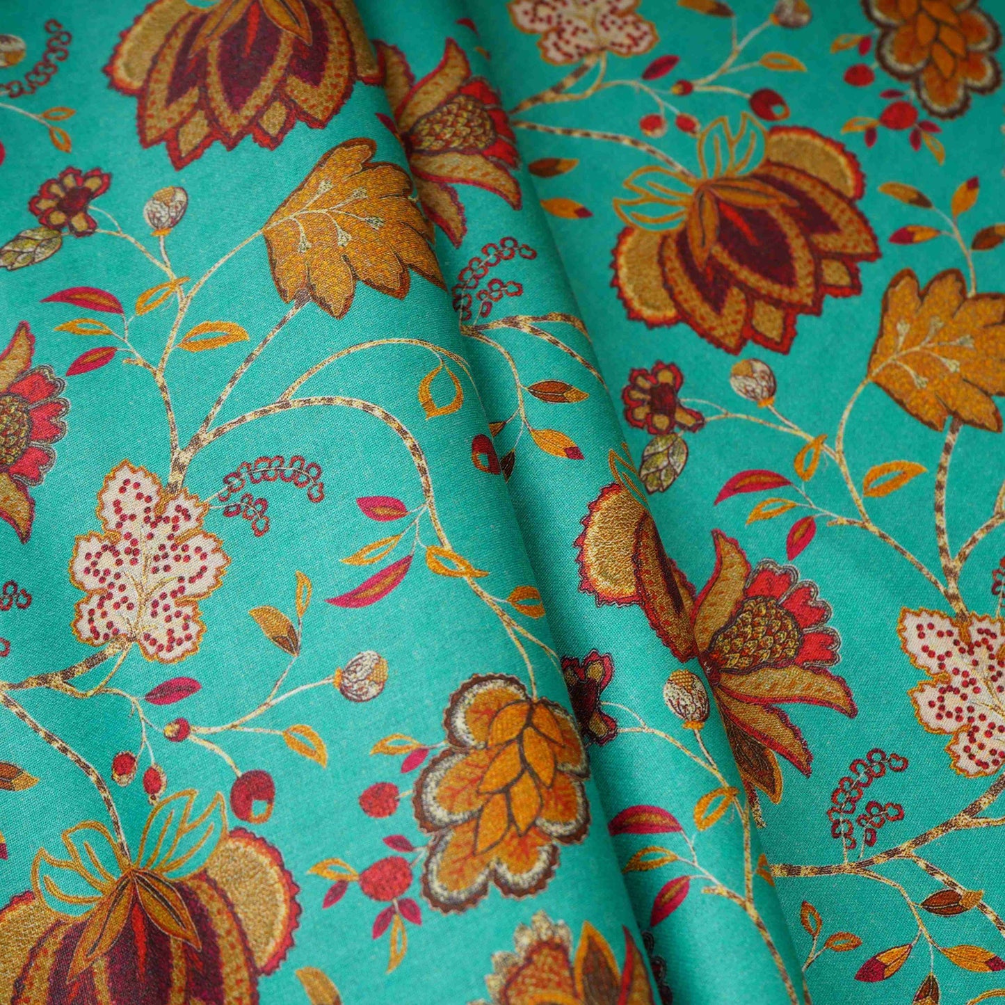 Teal with Brown Floral Print Cotton Satin Fabric PG-30448