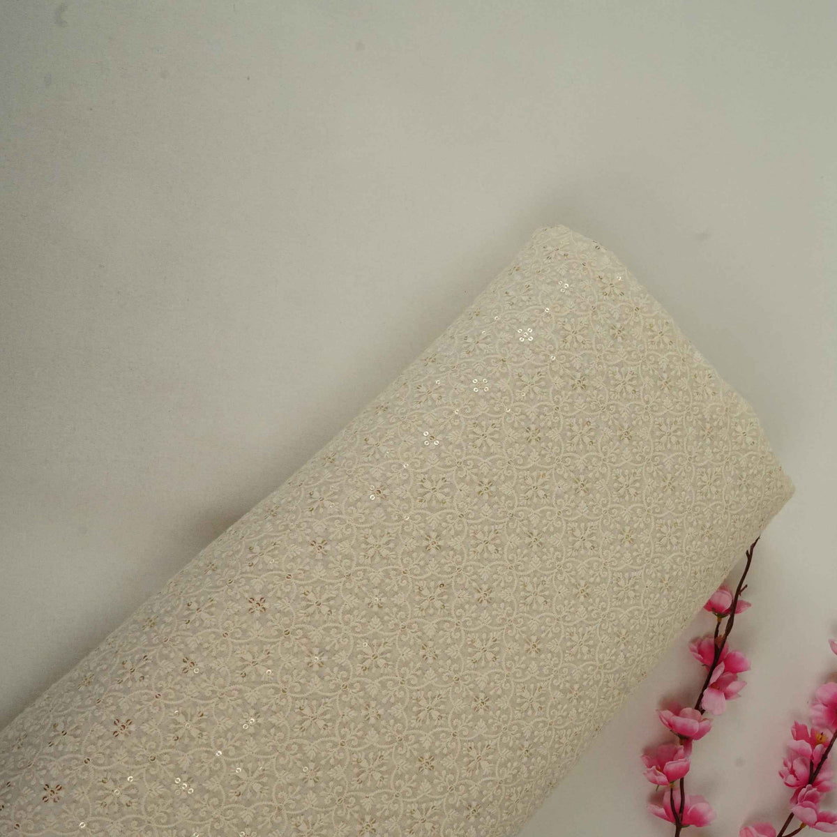 White Lakhnawi Sequins Embroidery Dyeable Georgette Fabric AT-34322