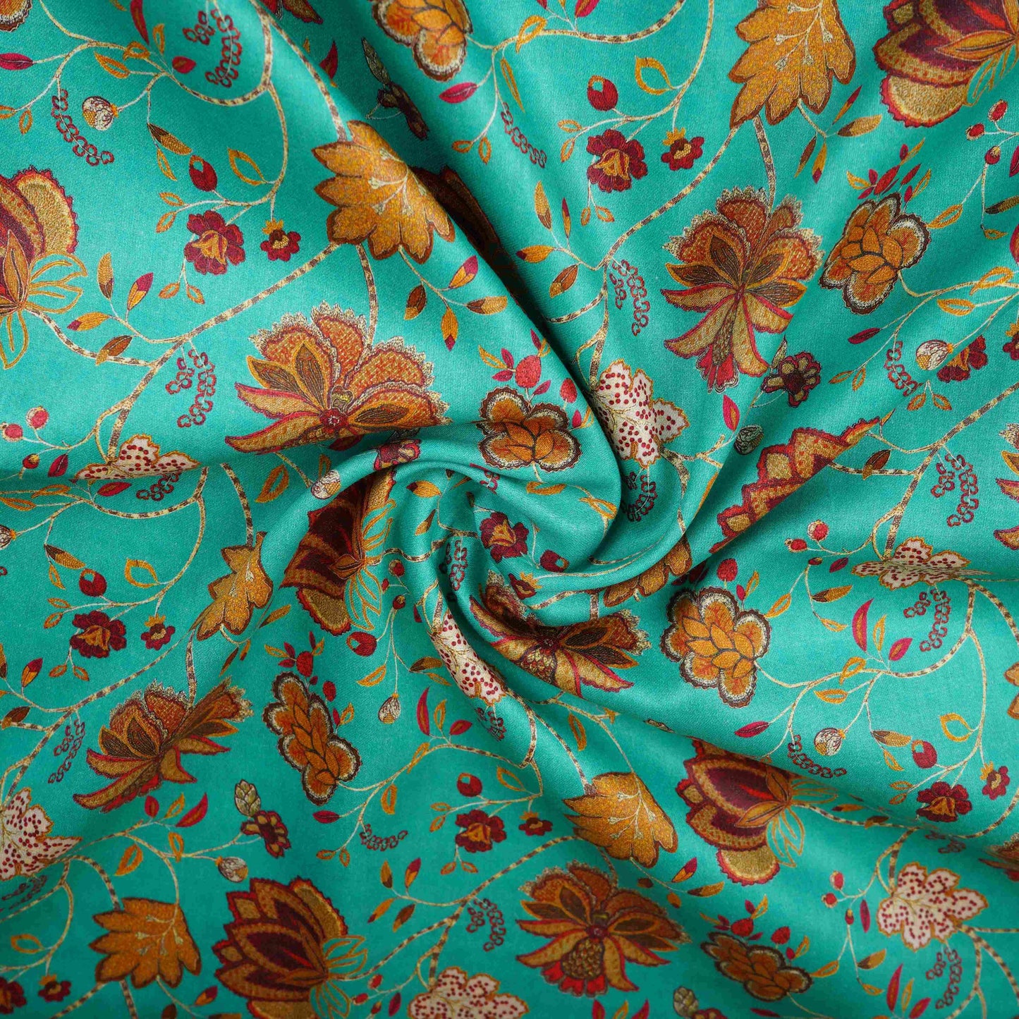 Teal with Brown Floral Print Cotton Satin Fabric PG-30448
