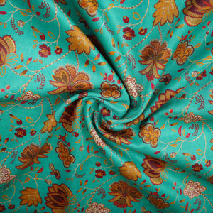 Teal with Brown Floral Print Cotton Satin Fabric PG-30448 - TradeUNO