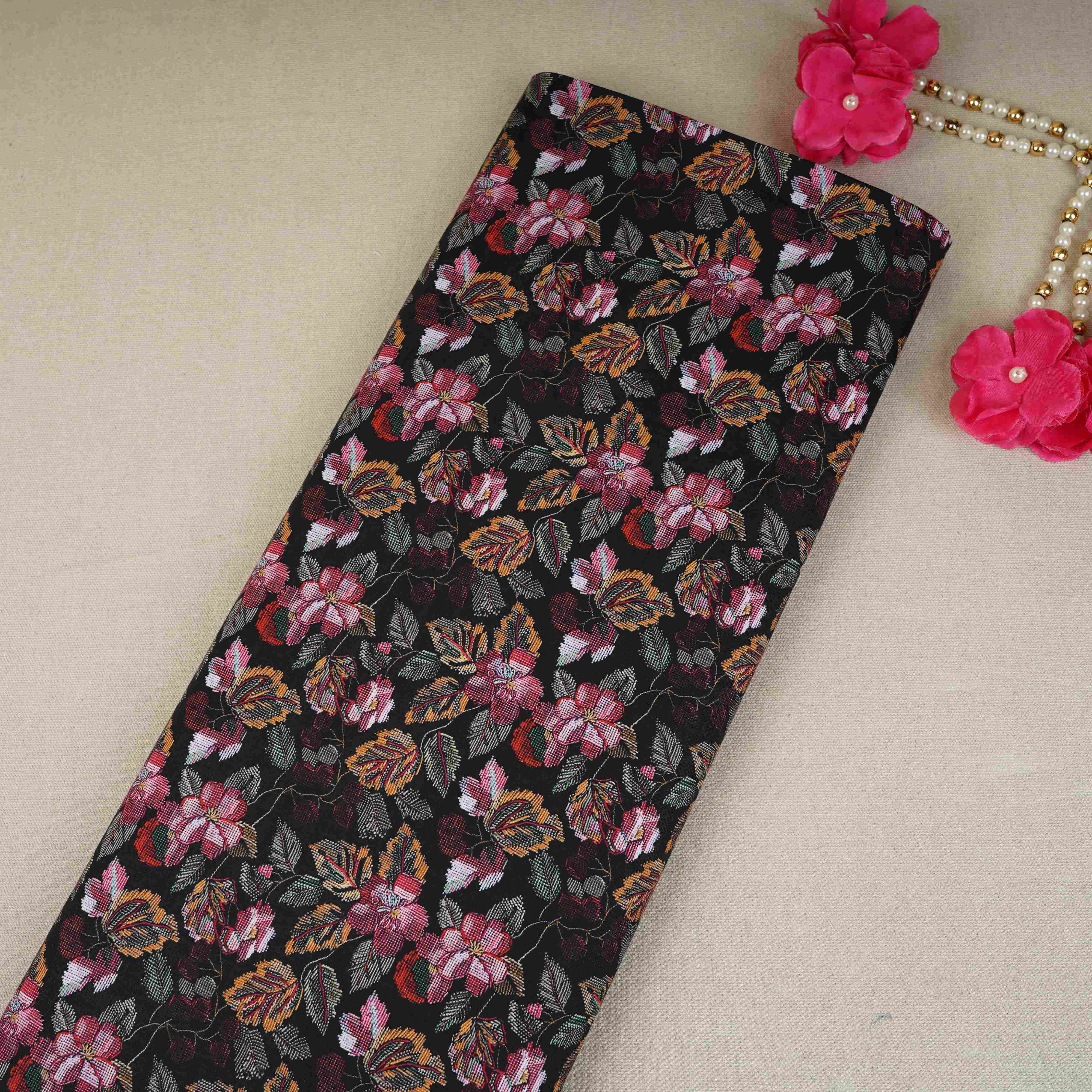 Black with Green Floral Print Cotton Mulmul Fabric PG-30467 - TradeUNO