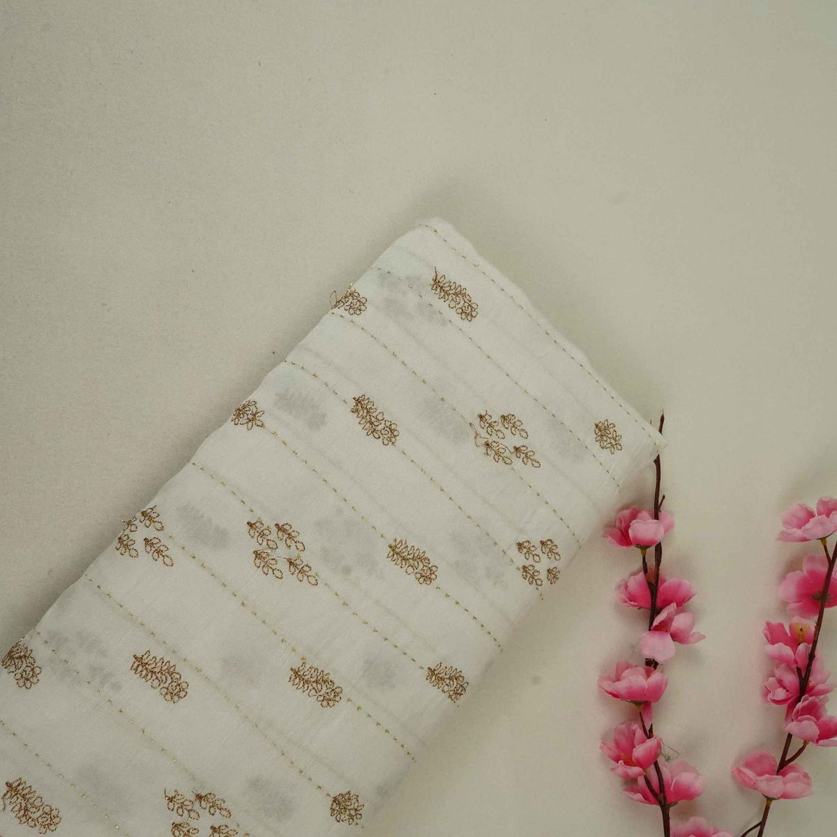 White Floral Buti Zari Embroidery Dyeable Silk Fabric AT-34352