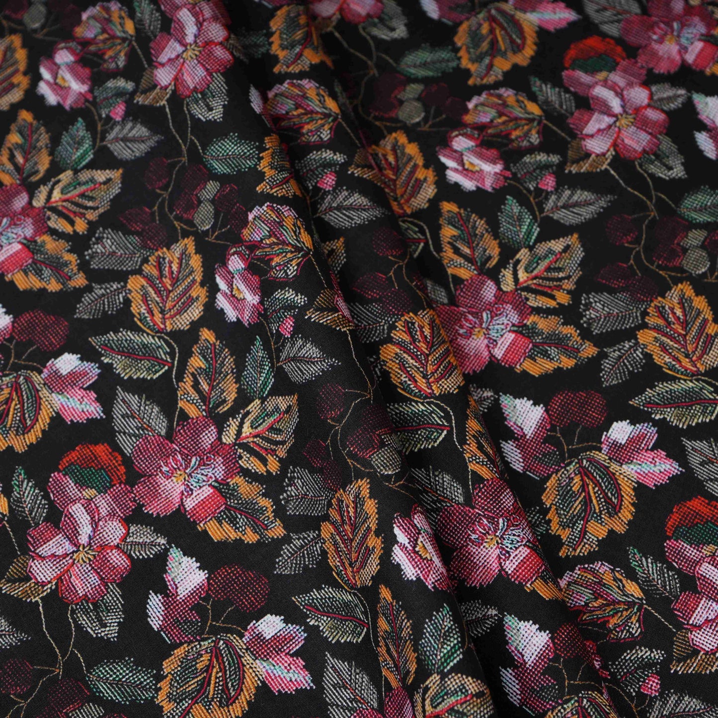 Black with Green Floral Print Cotton Mulmul Fabric PG-30467