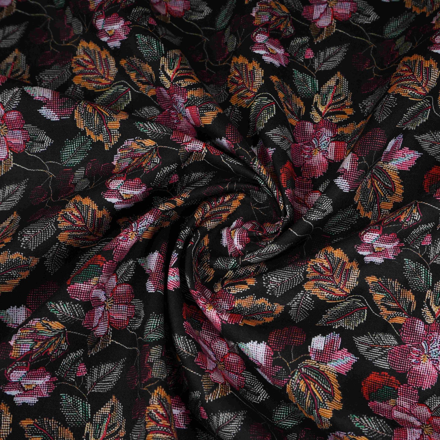Black with Green Floral Print Cotton Mulmul Fabric PG-30467