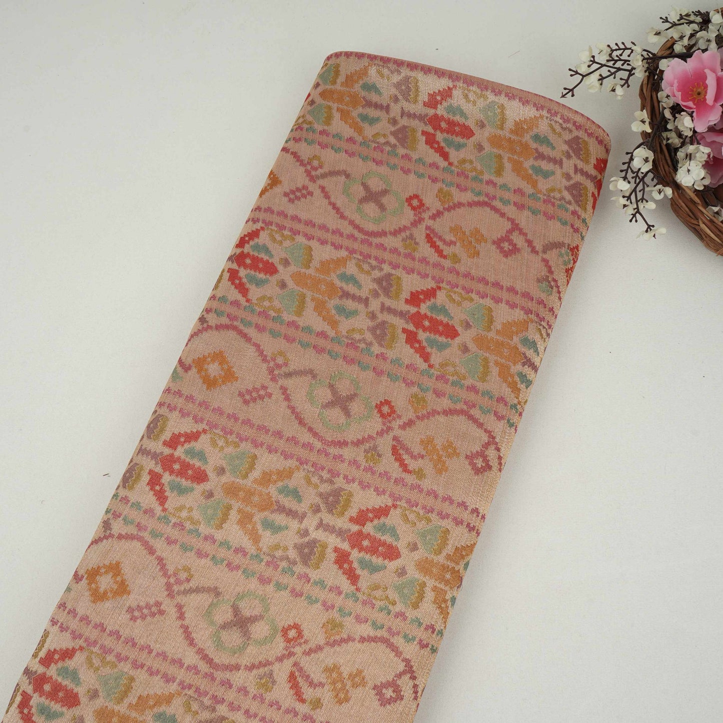 Blush Pink With Multicolor Geometrical Kanjivaram Silk Fabric MTI-32421