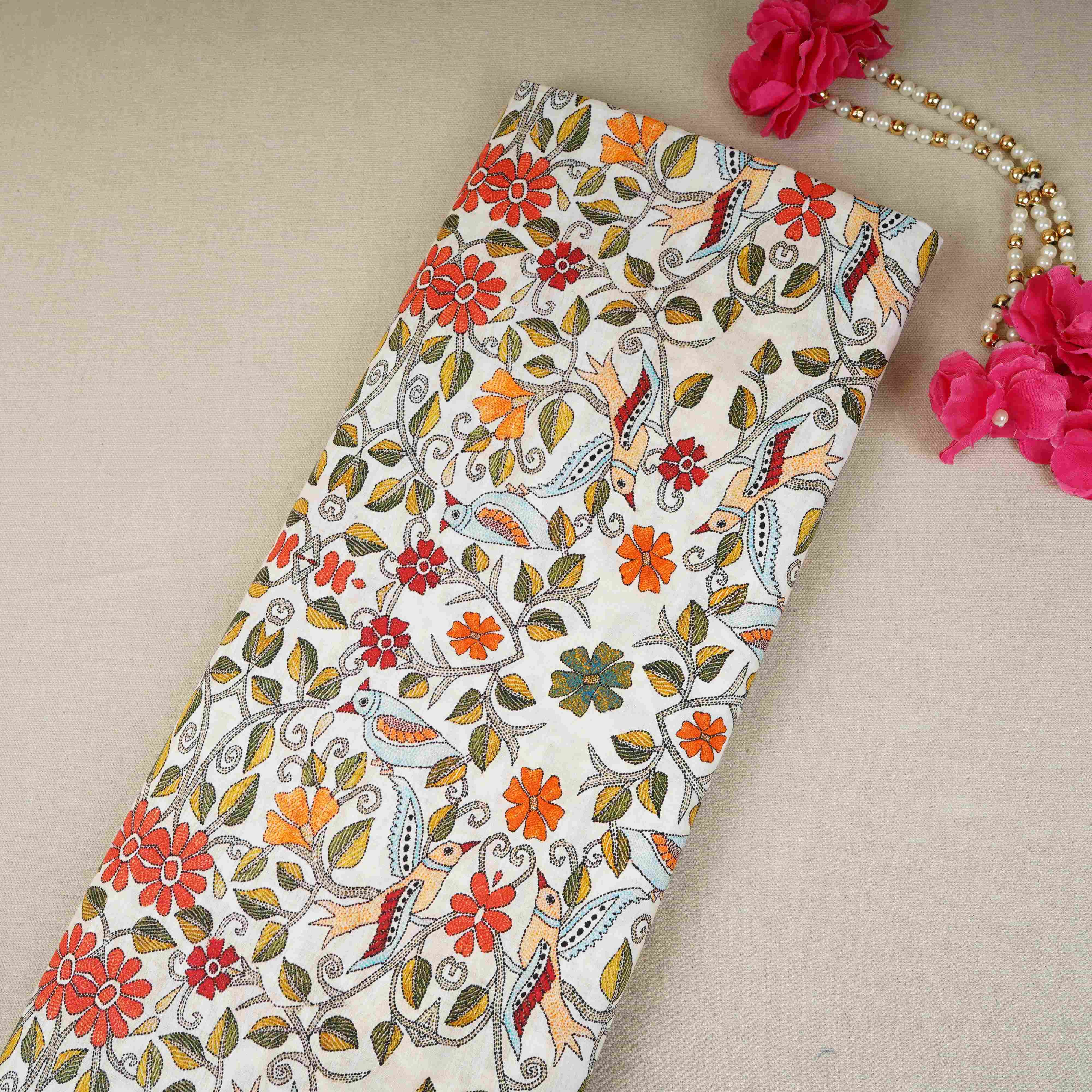 Cream with Multicolor Floral Print Cotton Mulmul Fabric PG-30470 - TradeUNO