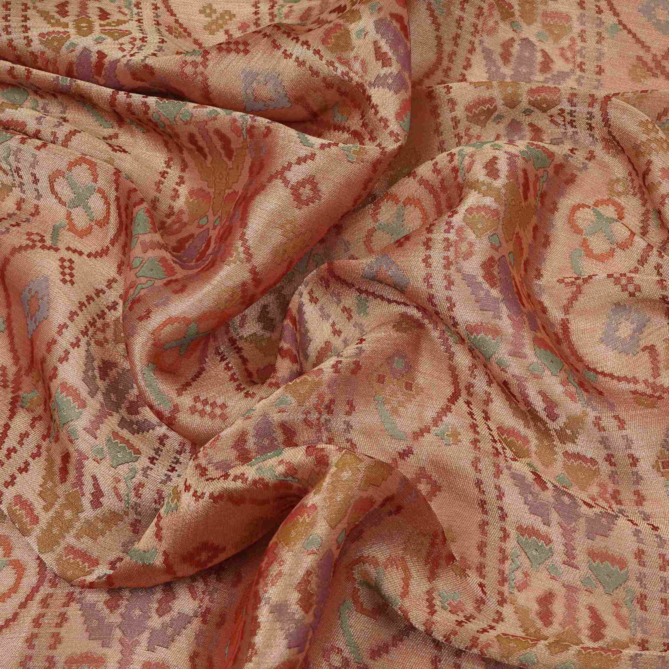 Light Peach With Multicolor Geometrical Kanjivaram Silk Fabric MTI-32420 - TradeUNO