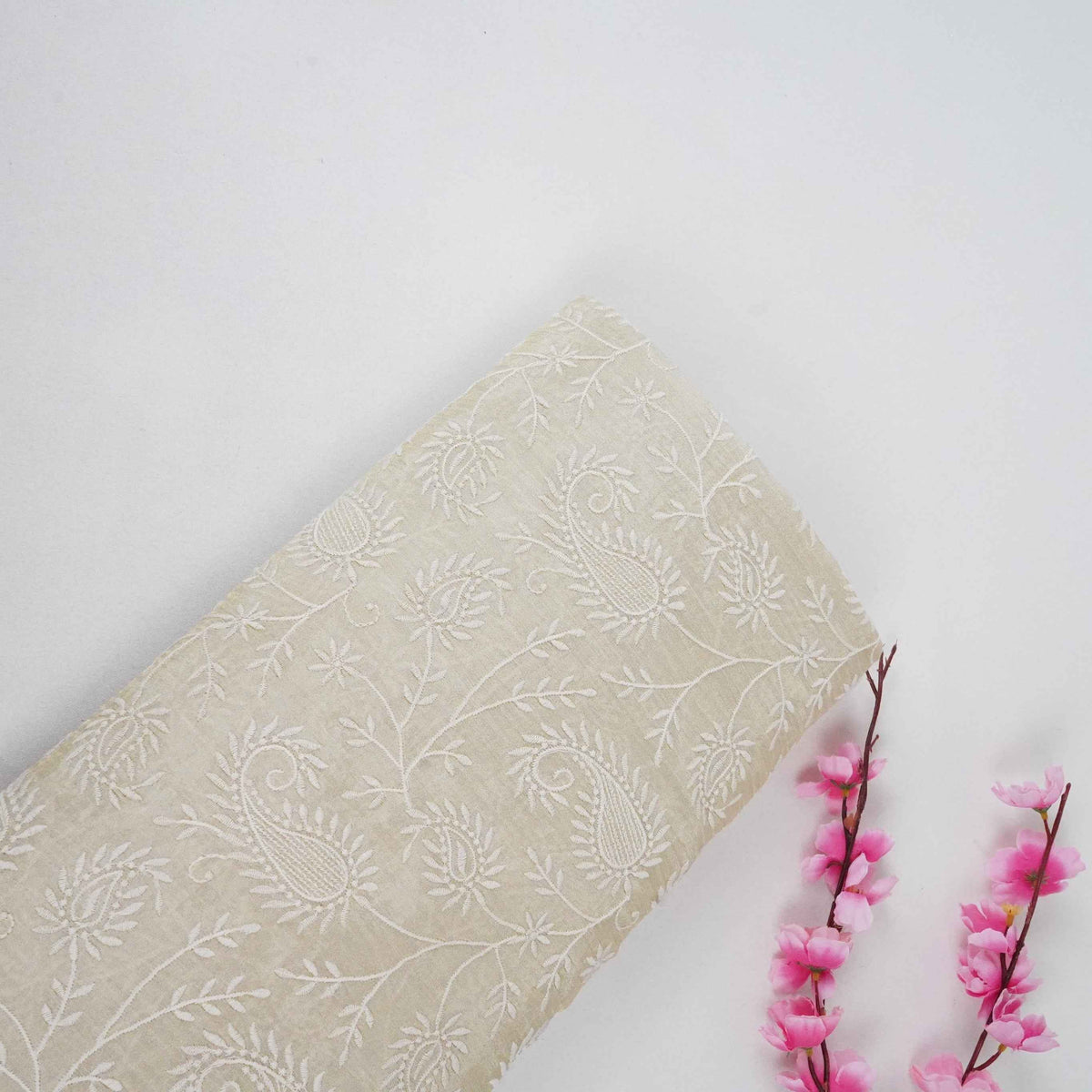 Golden Shimmer Paisley Jaal Embroidery Dyeable Tissue Fabric AT-34350