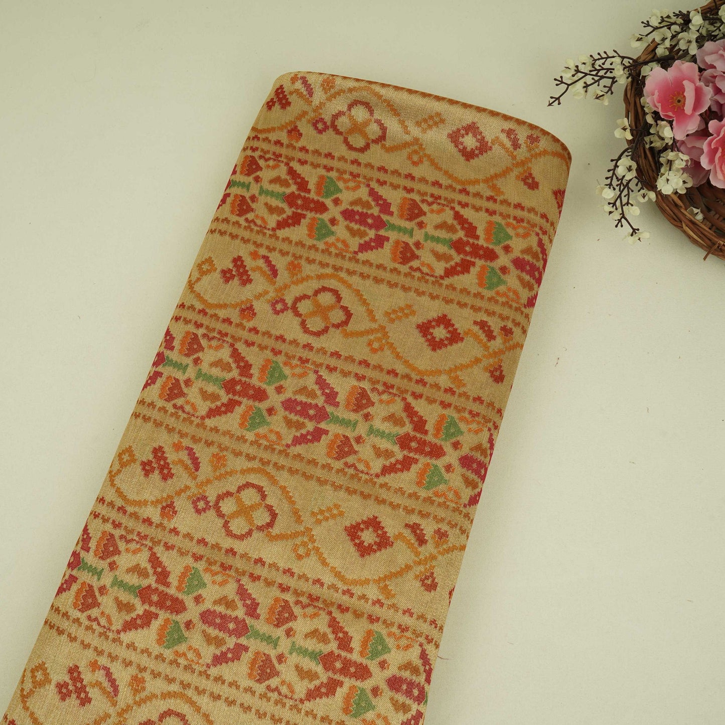 Cream With Multicolor Geometrical Kanjivaram Silk Fabric MTI-32419