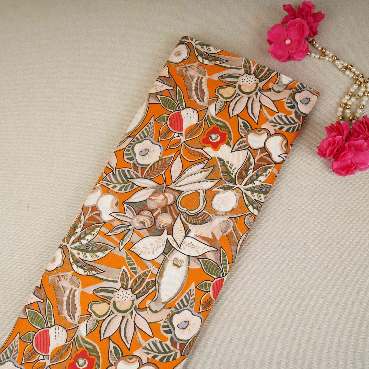 Rust Orange with White Floral Print Cotton Mulmul Fabric PG-30449